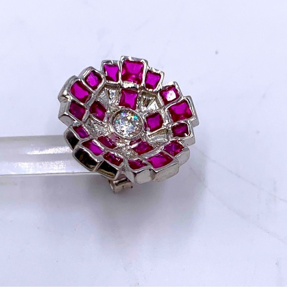 Vintage Art Nouveau Ruby Sterling Silver Dipped In White Gold Earrings